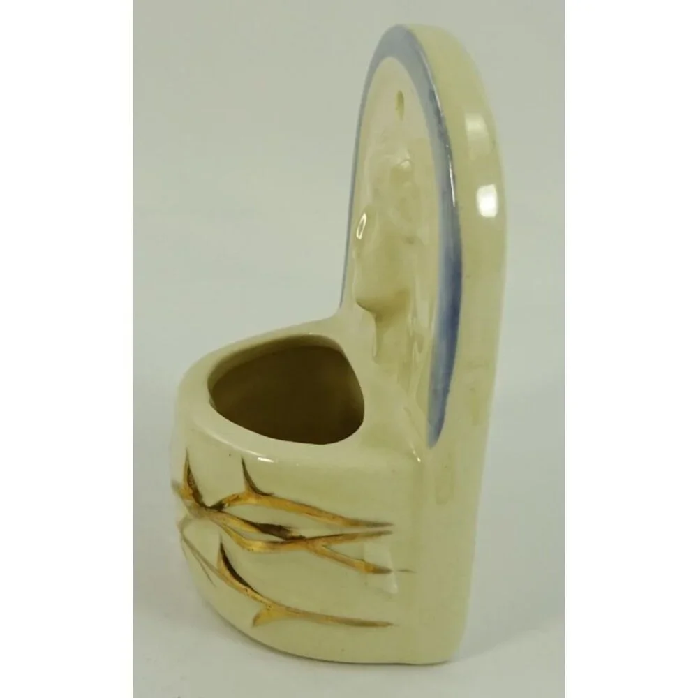 Holy Water Font Wall Hanging Ceramic Jesus Crown of Thorns White Blue USA - Picture 4 of 9